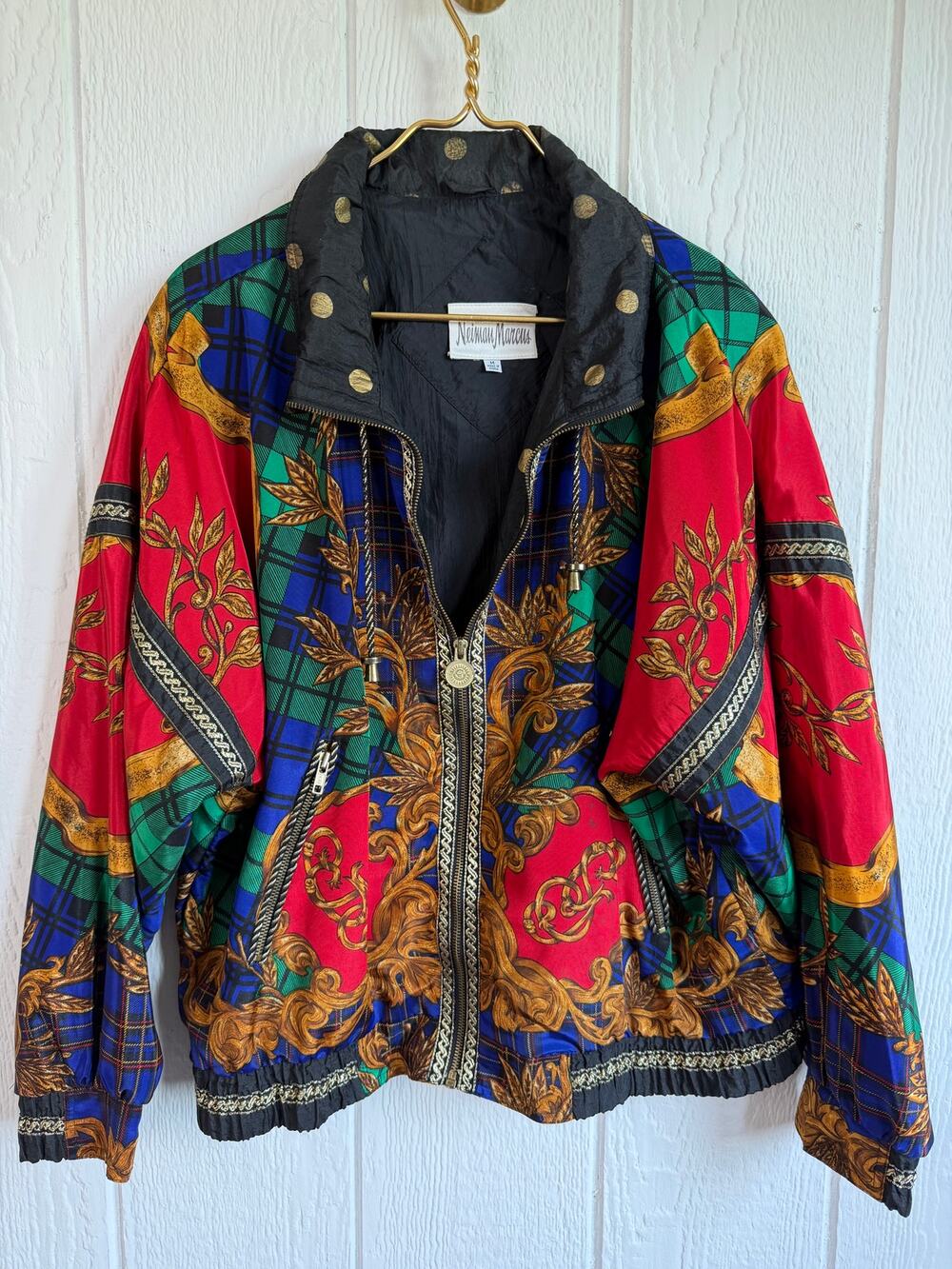90’s Neiman Marcus Bomber Windbreaker Waterproof Gold Chorded Trim Med
